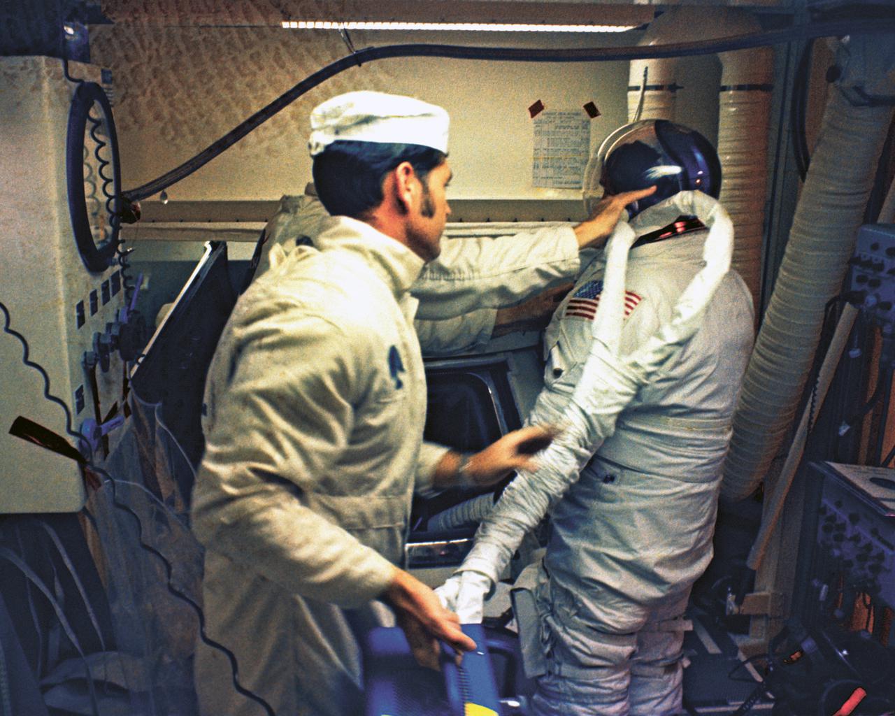 CAPE CANAVERAL, Fla. – The Apollo 15 crew climbs inside the Apollo capsule on launch day before lifting off on a mission to the moon.  Photo credit: NASA