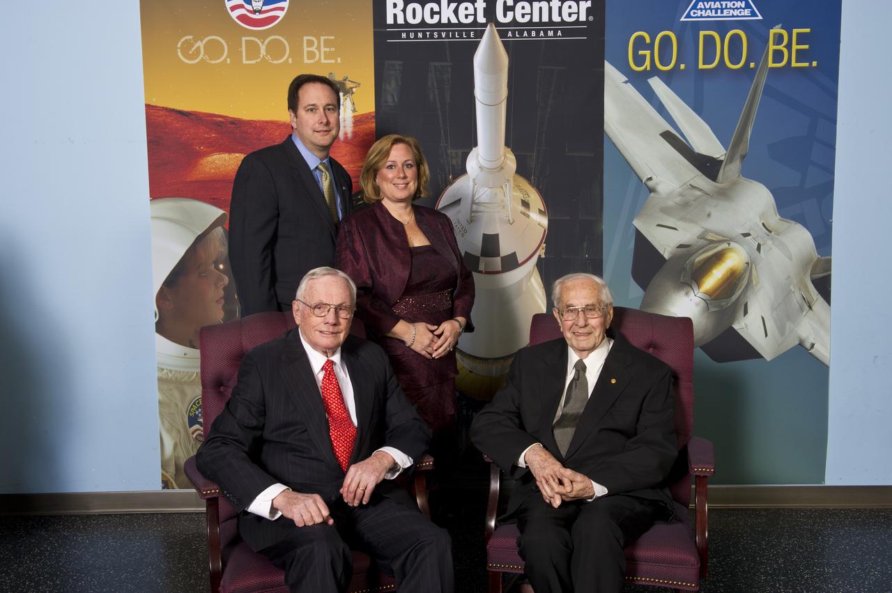 MR. AND MRS. ROBERT LIGHTFOOT POSE WITH ASTRONAUT NEIL ARMSTRONG AND DR. GEORG VON TIESENHAUSEN AT THE TRANQUILITY BASE RENDEZVOUS EVENT AT THE DAVIDSON CENTER AT THE U.S. SPACE AND ROCKET CENTER.
