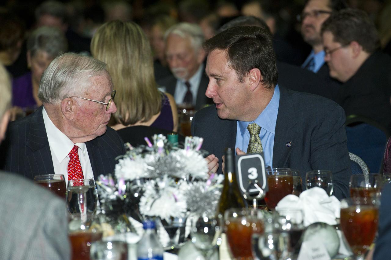 ASTRONAUT NEIL ARMSTRONG AND MSFC DIRECTOR ROBERT LIGHTFOOT IN DISCUSSION AT EVENT HONORING DR. GEORG VON TIESENHAUSEN AT USSRC ON FEB. 3, 2011