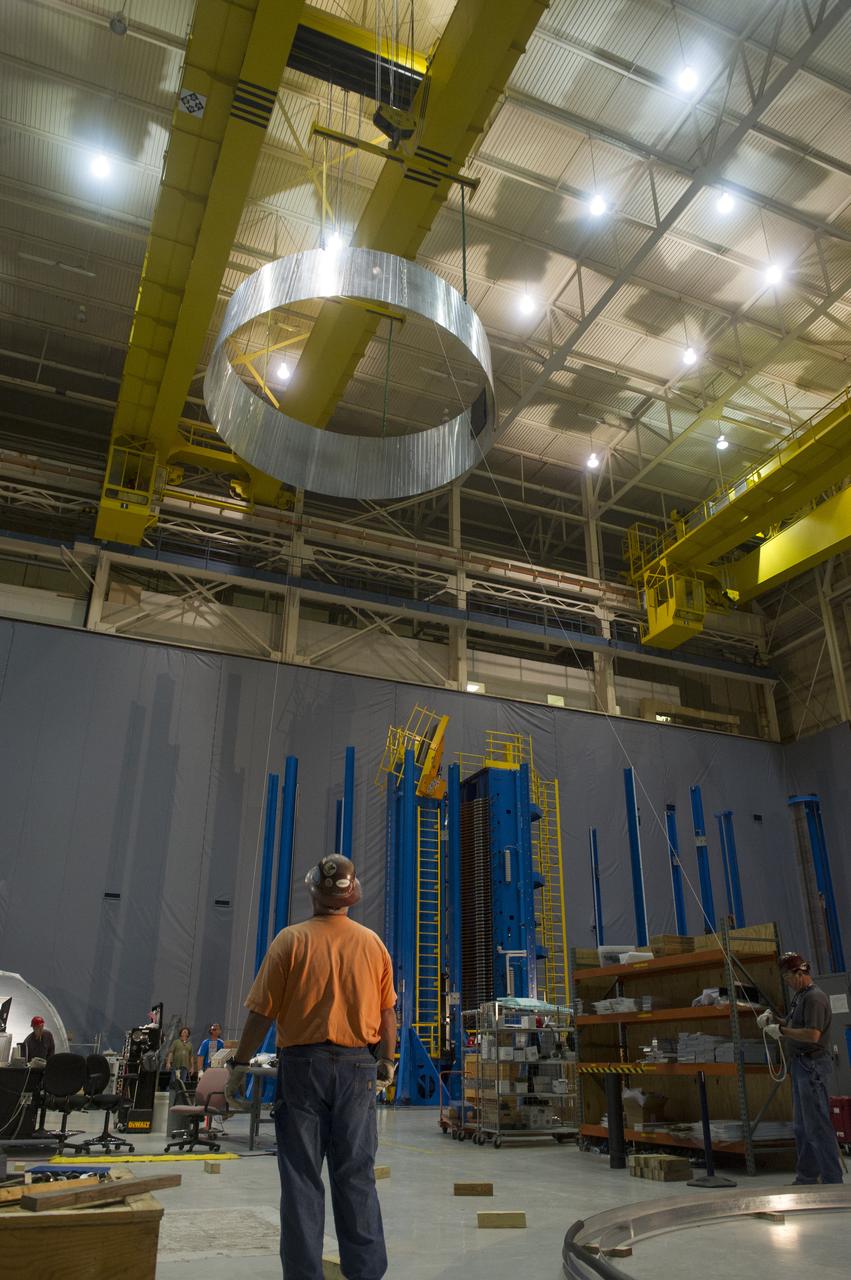 ENGINEERS USING A STATE-OF-THE-ART VERTICAL WELDING TOOL AT THE MARSHALL SPACE FLIGHT CENTER IN HUNTSVILLE, ALA., MOVE A "PATHFINDER" VERSION OF THE ADAPTER DESIGN THAT WILL BE USED ON TEST FLIGHTS OF THE ORION SPACECRAFT AND NASA'S SPACE LAUNCH SYSTEM