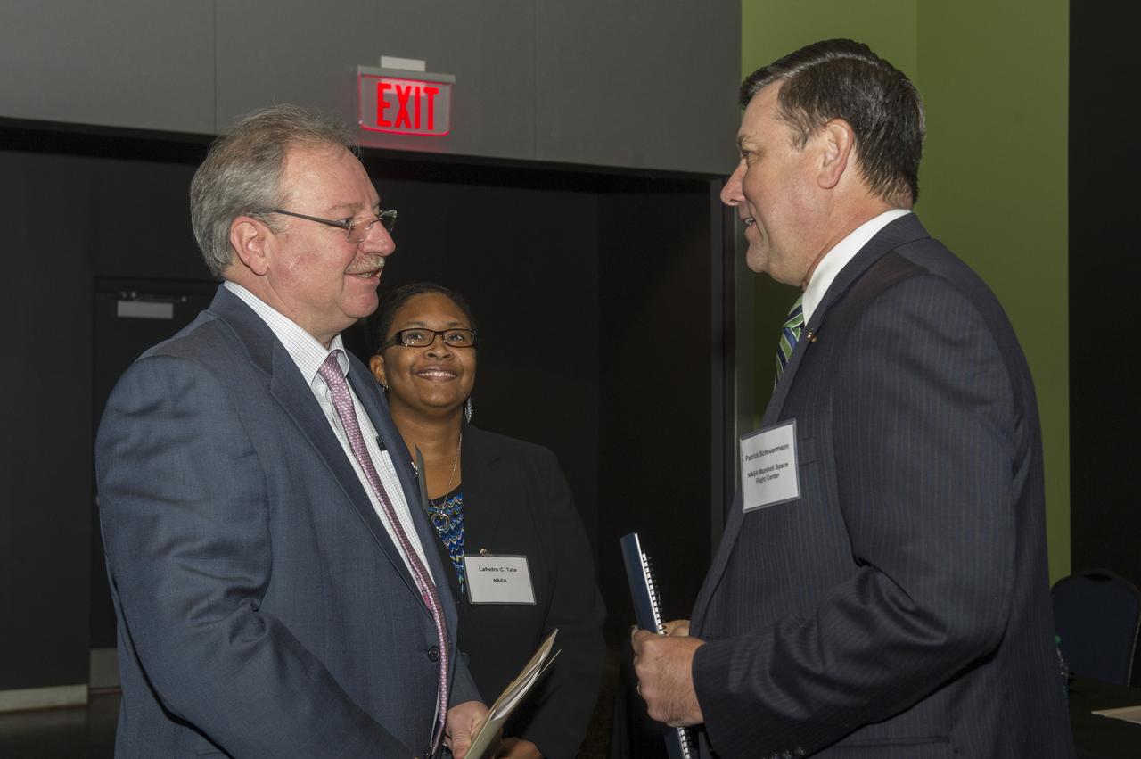 JOHN VICKERS, LANETRA TATE (NASA HQ), AND PATRICK SCHEUERMANN CHAT BEFORE OPENING OF ADVANCED MANUFACTURING WORKSHOP AT DAVIDSON CENTER