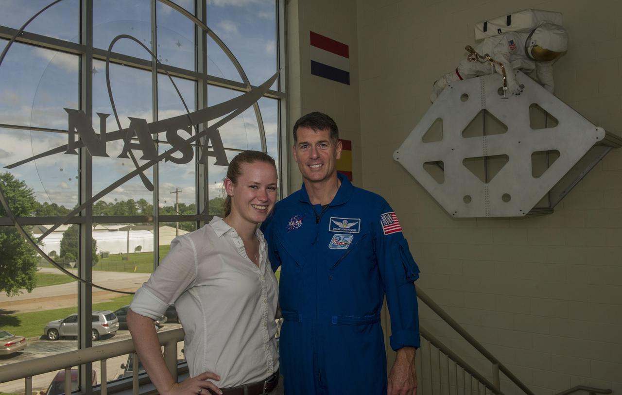 SUMMER INTERN RACHEL RICE, A SENIOR AT SIMPSON COLLEGE, INDIANOLA, IOWA, WITH ASTRONAUT SHANE KIMBROUGH 