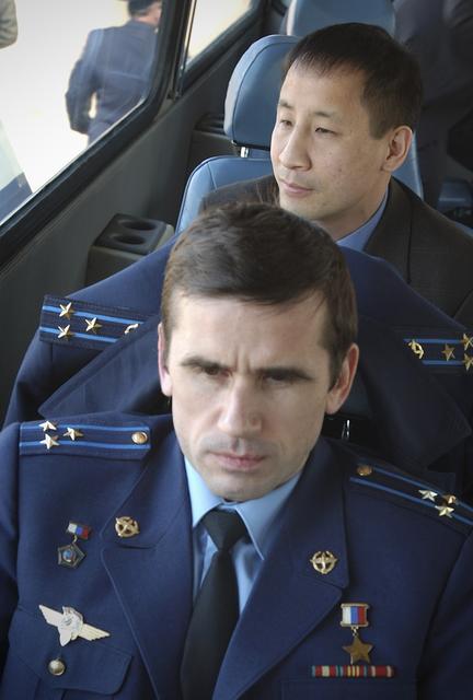 Expedition 7 Commander Yuri I. Malenchenko, foreground and Edward T. Lu, NASA International Space Station Science Officer and Flight Engineer arrive in Baikonur, Kazakhstan, Sunday, April 20, 2003. The crew will be preparing for the launch onboard a Soyuz capsule, Saturday, April 26, 2003. Photo Credit: (NASA/Bill Ingalls)