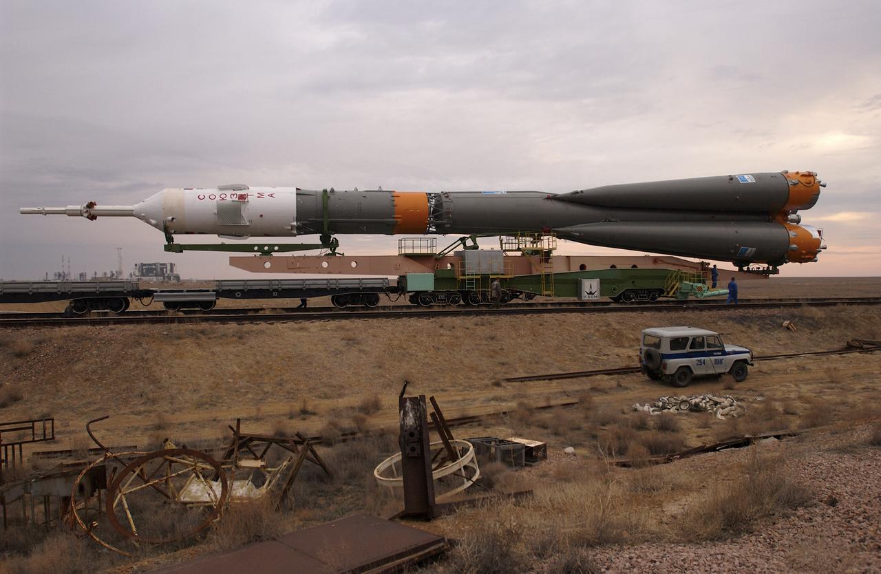 A Soyuz rocket is rolled out of the assembly building and travels via rail to the launch pad at the Baikonur Cosmodrome in Baikonur, Kazakhstan, Thursday, April 24, 2003. Expedition 7 is scheduled to launch onboard the Soyuz on Saturday, April 26, 2003. Photo credit: (NASA/Scott Andrews)