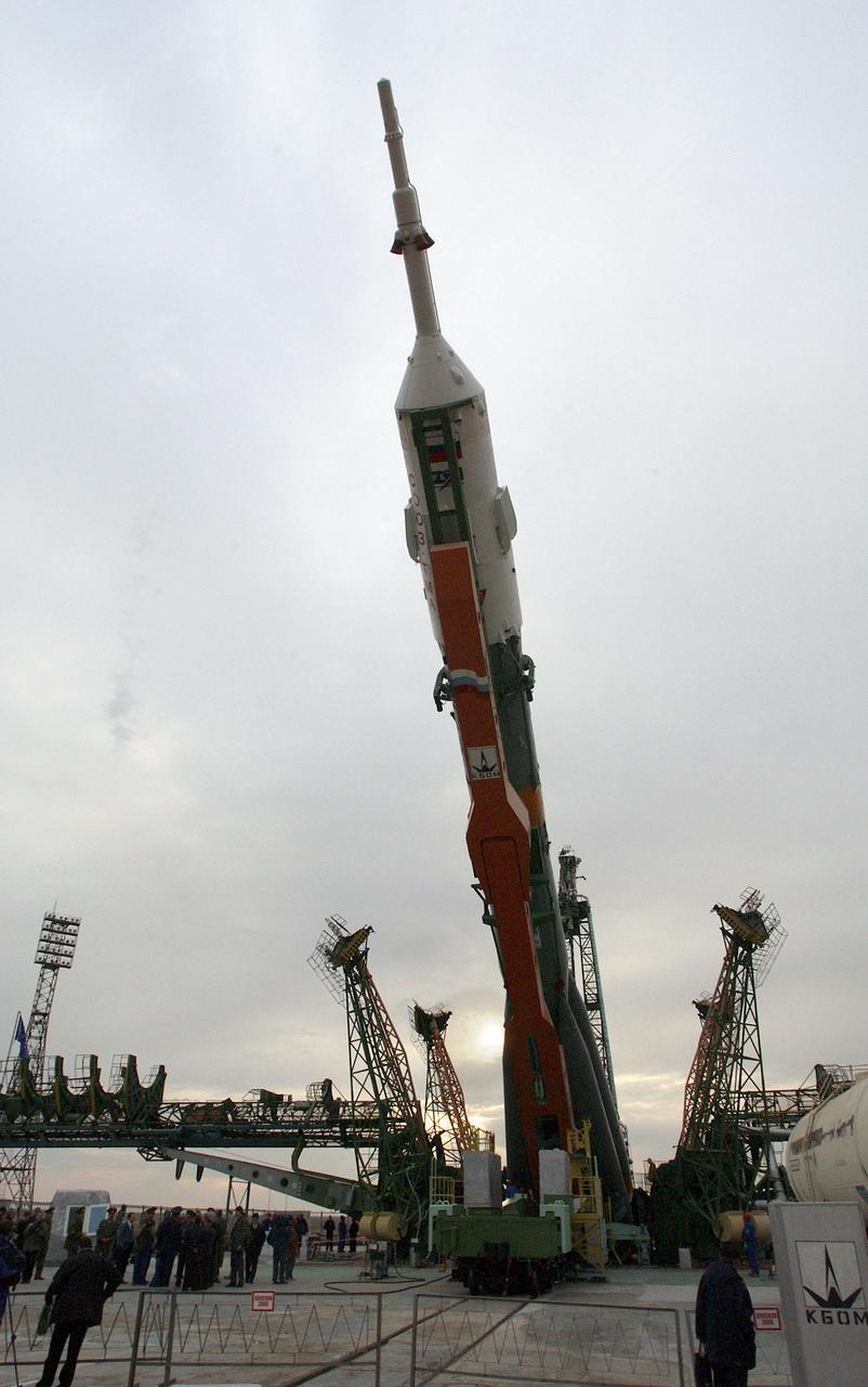 The Soyuz rocket is erected at the launch pad at the Baikonur Cosmodrome in Baikonur, Kazakhstan, Thursday, April 24, 2003. Expedition 7 is scheduled to launch onboard the Soyuz on Saturday April 26, 2003. Photo credit: (NASA/Bill Ingalls)