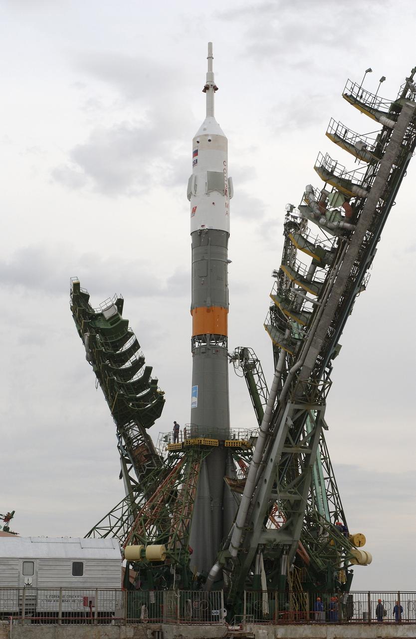 The Soyuz rocket is erected at the launch pad at the Baikonur Cosmodrome in Baikonur, Kazakhstan, Thursday, April 24, 2003. Expedition 7 is scheduled to launch onboard the Soyuz on Saturday April 26, 2003. Photo credit: (NASA/Bill Ingalls)
