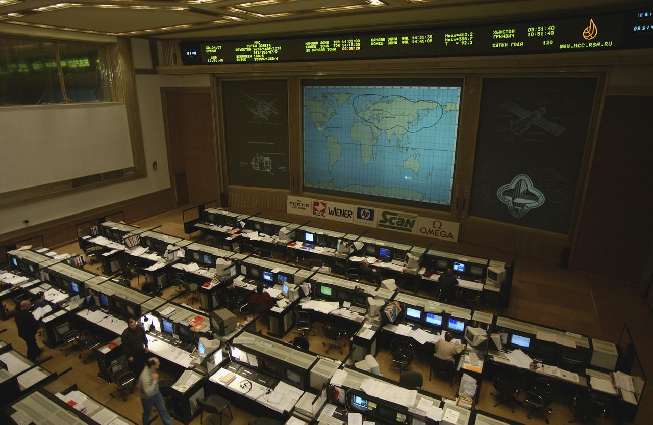 This is an overall view of the Russian Mission Control Center in Korolev, Russia during the Expedition 7 mission, Wednesday, April 30, 2003. Photo Credit: (NASA/Bill Ingalls)