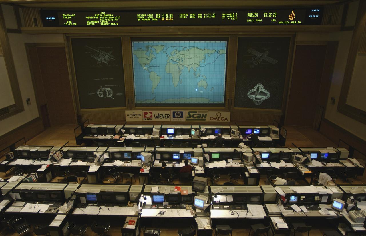 This is an overall view of the Russian Mission Control Center in Korolev, Russia during the Expedition 7 mission, Wednesday, April 30, 2003. Photo Credit: (NASA/Bill Ingalls)