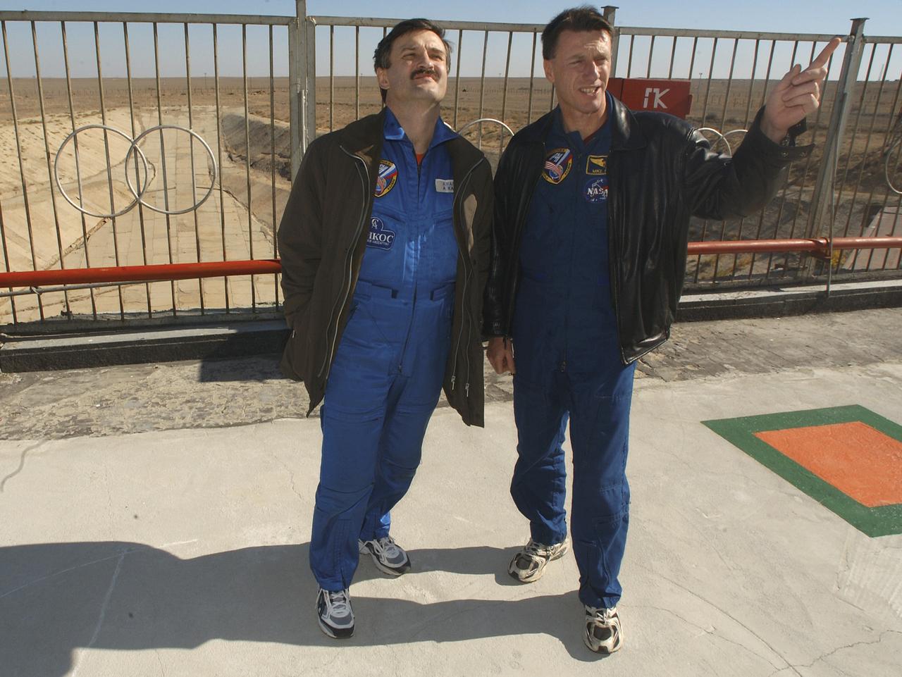 Expedition 8 Soyuz Commander Alexander Kaleri, left, and Expedition 8 Commander and NASA Science Officer Michael Foale visit the launch pad at the Baikonur Cosmodrome in Kazakhstan, Monday, Oct. 13, 2003. Photo Credit (NASA/Bill Ingalls)