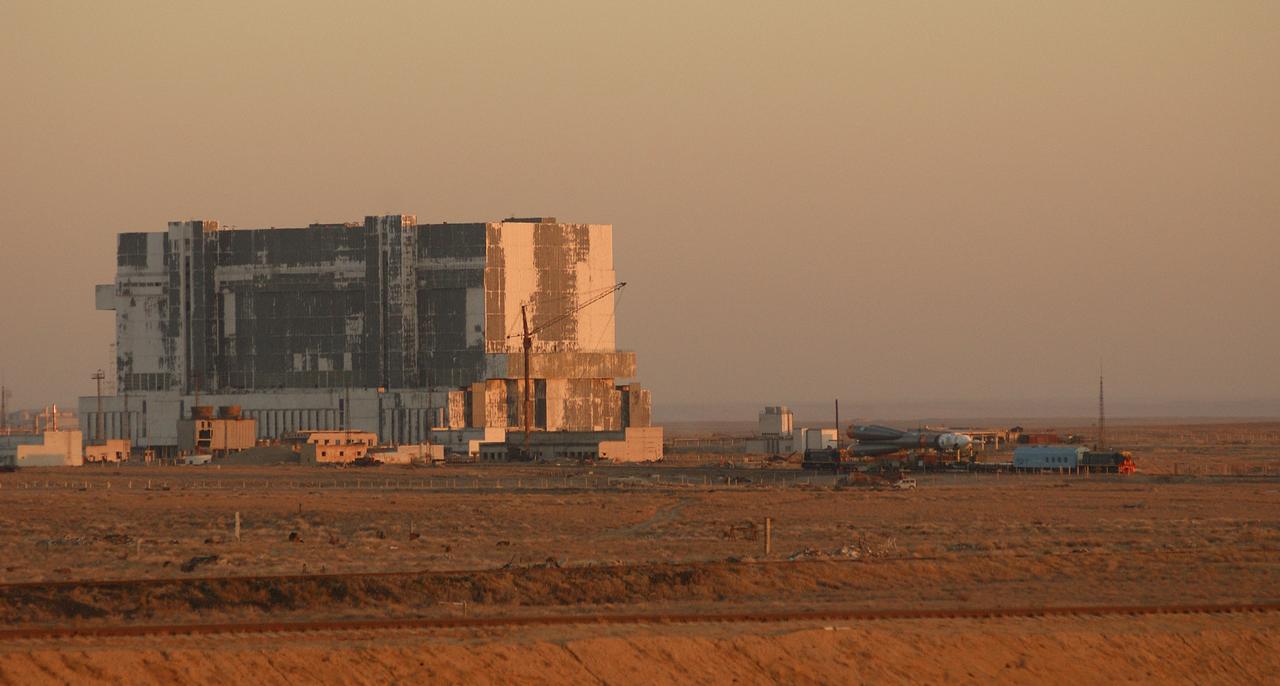 A Soyuz TMA-3 spacecraft and its booster rocket is transported on a rail car to the launch pad at the Baikonur Cosmodrome, Kazakhstan on Thursday, Oct. 16, 2003 in preparation for liftoff Oct. 18 to carry Expedition 8 Commander and NASA Science Officer Michael Foale, Expedition 8 Soyuz Commander Alexander Kaleri and European Space Agency astronaut Pedro Duque of Spain to the International Space Station. Photo Credit (NASA/Bill Ingalls)