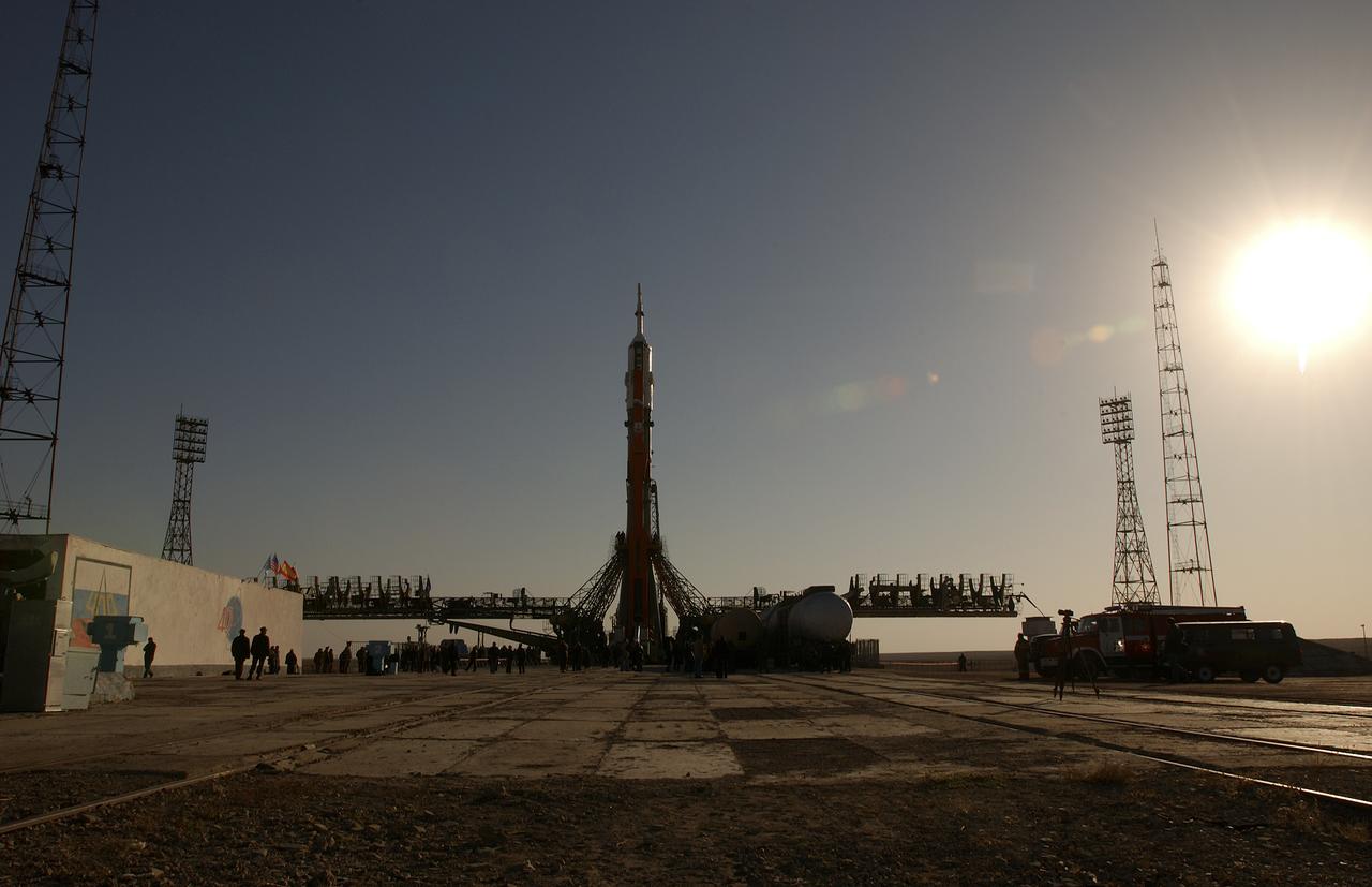 A Soyuz TMA-3 spacecraft and its booster rocket is seen, Thursday, Oct. 16, 2003, on the launch pad at the Baikonur Cosmodrome, Kazakhstan during preparations for liftoff Oct. 18 to carry Expedition 8 Commander and NASA Science Officer Michael Foale, Expedition 8 Soyuz Commander Alexander Kaleri and European Space Agency astronaut Pedro Duque of Spain to the International Space Station. Photo Credit (NASA/Bill Ingalls)