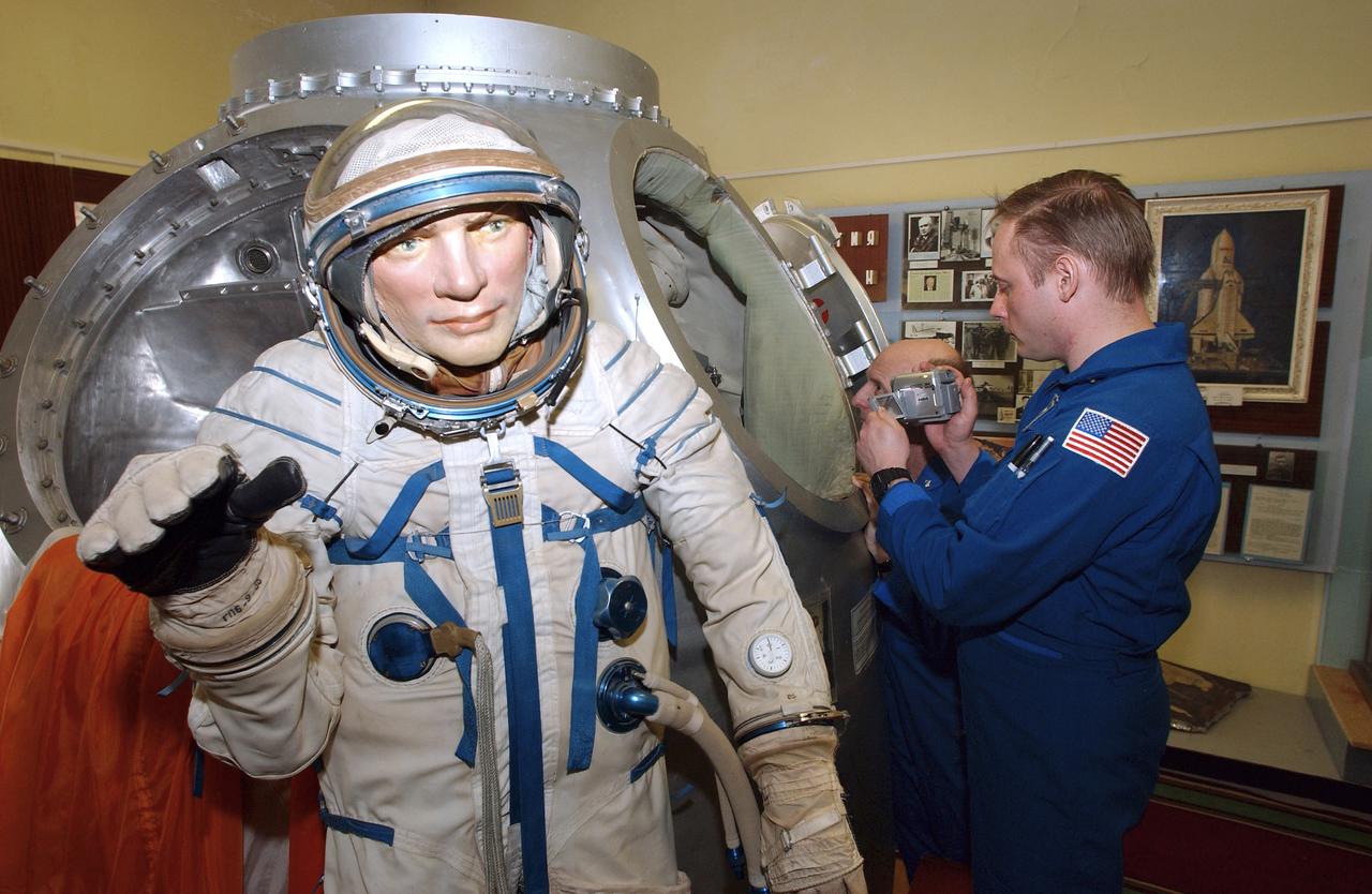 NASA Science Officer Mike Fincke video tapes one of the exhibits at the space museum located at the Baikonur Cosmodrome, Wednesday, April 14, 2004, in Baikonur, Kazakhstan. Photo Credit: (NASA/Bill Ingalls)