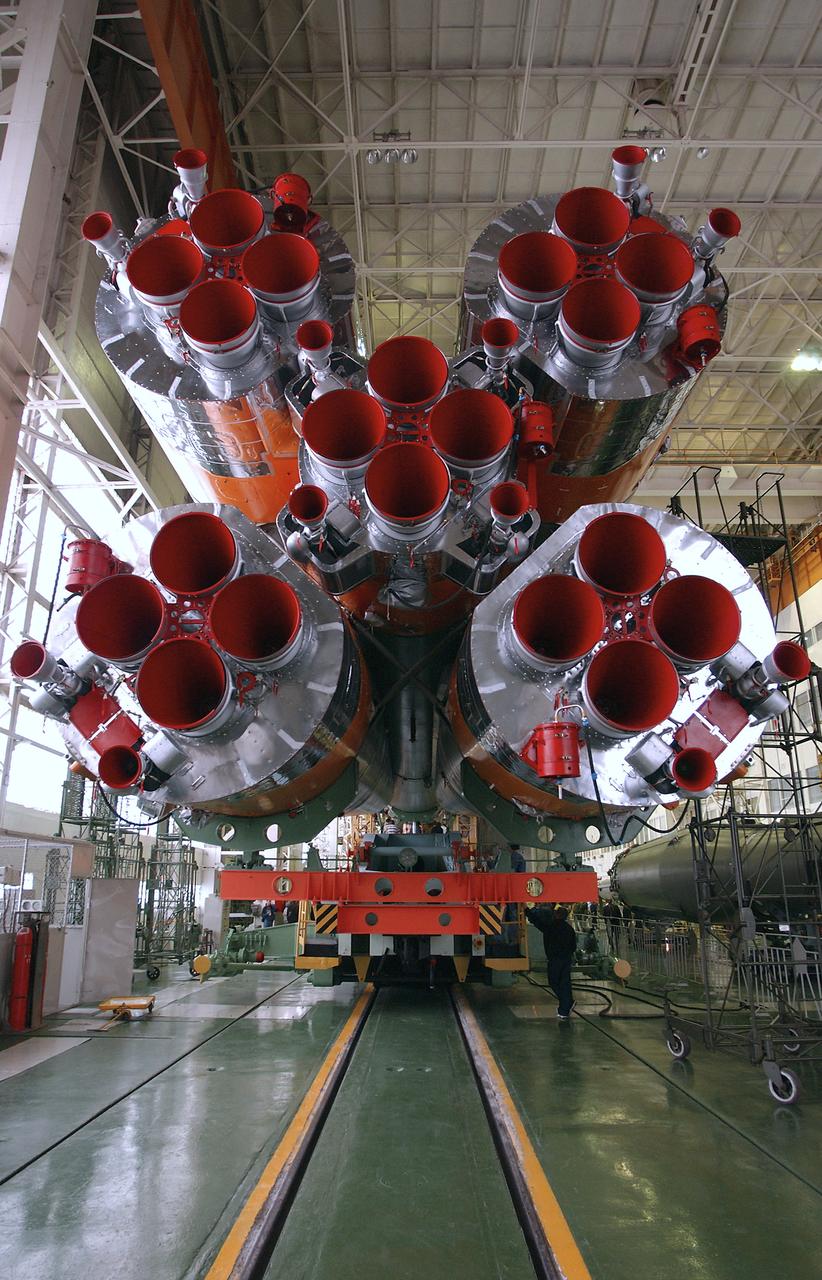 A view of the Soyuz rocket engines after engineers at the Baikonur Cosmodrome mated the Soyuz TMA-4 capsule with its booster rocket in preparation for a launch on April 19 of the Expedition 9 crew and a European astronaut to the International Space Station, Friday, April 16, 2004 in Baikonur, Kazakhstan. Photo Credit: (NASA/Bill Ingalls)