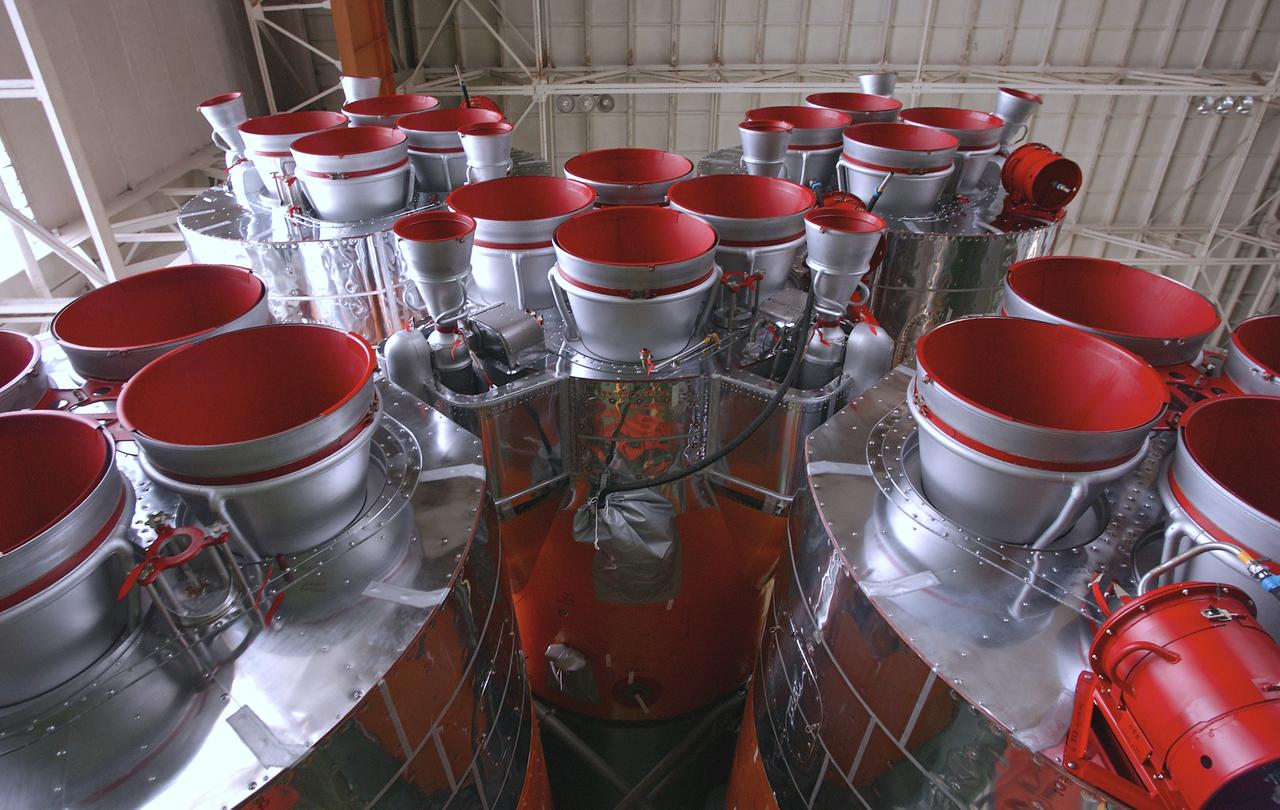 A view of the Soyuz rocket engines after engineers at the Baikonur Cosmodrome mated the Soyuz TMA-4 capsule with its booster rocket in preparation for a launch on April 19 of the Expedition 9 crew and a European astronaut to the International Space Station, Friday, April 16, 2004 in Baikonur, Kazakhstan. Photo Credit: (NASA/Bill Ingalls)