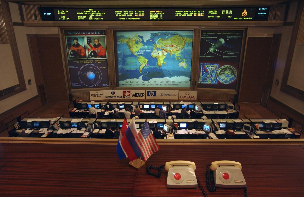 View of the Flight Control Room at the Russian Mission Control Center in Korolev, Russia, located on the outskirts of Moscow, Wednesday, April 21, 2004. Photo Credit: (NASA/Bill Ingalls)