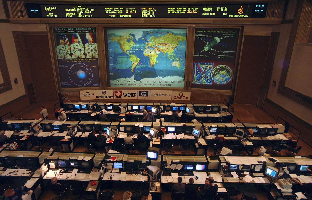 View of the Flight Control Room at the Russian Mission Control Center in Korolev, Russia, located on the outskirts of Moscow, Wednesday, April 21, 2004. Photo Credit: (NASA/Bill Ingalls)