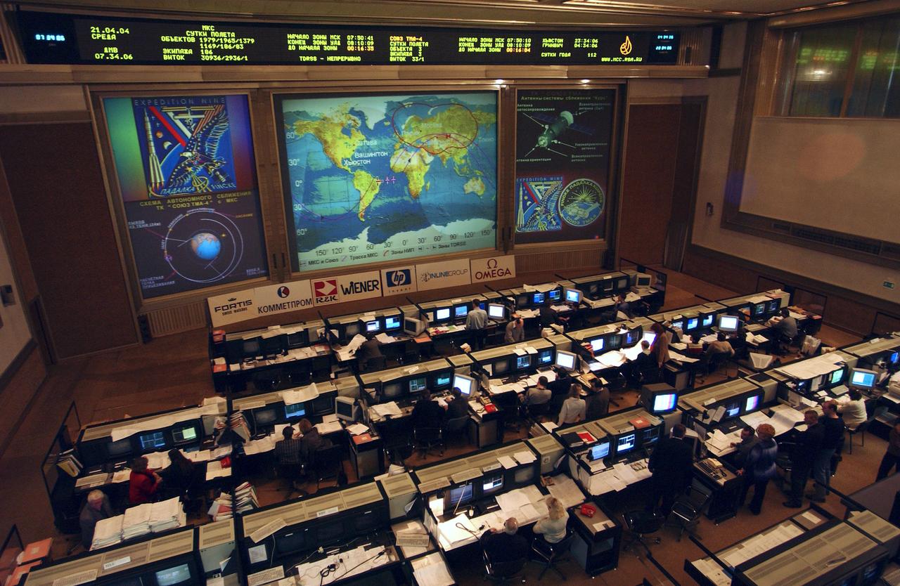 View of the Flight Control Room at the Russian Mission Control Center in Korolev, Russia, located on the outskirts of Moscow, Wednesday, April 21, 2004. Photo Credit: (NASA/Bill Ingalls)