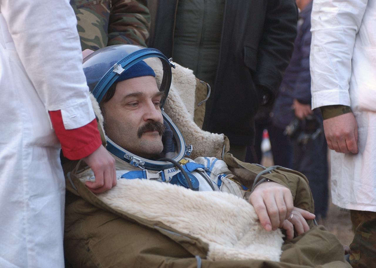 Soyuz Flight Engineer Alexander Kaleri relaxes in a chair after he and Expedition 8 Commander Michael Foale and European Space Agency astronaut Andre Kuipers, of the Netherlands, landed in north central Kazakhstan, Friday, April 30, 2004, in their Soyuz TMA-3 capsule. Foale and Kaleri completed 195 days in space aboard the International Space Station, while Kuipers returned after an 11-day research mission as part of a commercial agreement between ESA and the Russian Federal Space Agency. Photo Credit: (NASA/Bill Ingalls)