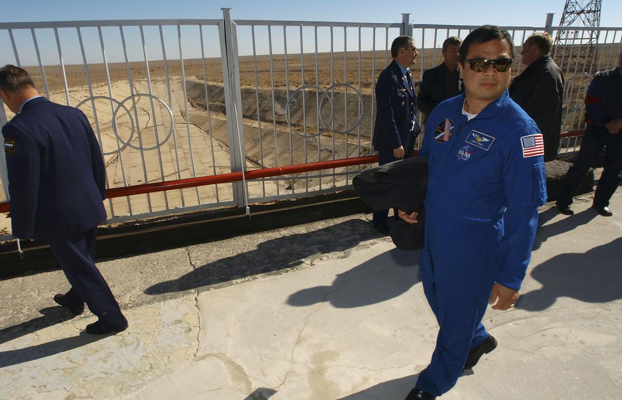 Expedition 10 Commander and NASA Science Officer Leroy Chiao tours the launch pad on Saturday, October 9, 2004, at the Baikonur Cosmodrome in Kazakhstan in prior to liftoff to the International Space Station October 14.  Their Soyuz rocket will roll out to the pad on October 12. Chiao, Sharipov and Shargin will spend two days in orbit catching up to the Station for a docking and arrival on board October 16.  Photo Credit: (NASA/Bill Ingalls)