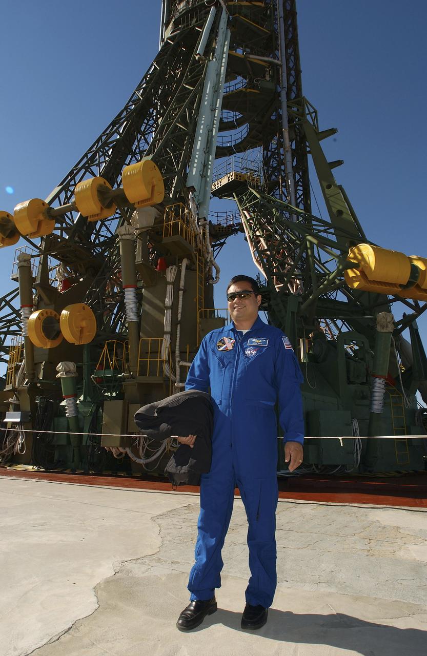 Expedition 10 Commander and NASA Science Officer Leroy Chiao tours the launch pad on Saturday, October 9, 2004, at the Baikonur Cosmodrome in Kazakhstan prior to liftoff to the International Space Station October 14. Photo Credit: (NASA/Bill Ingalls)