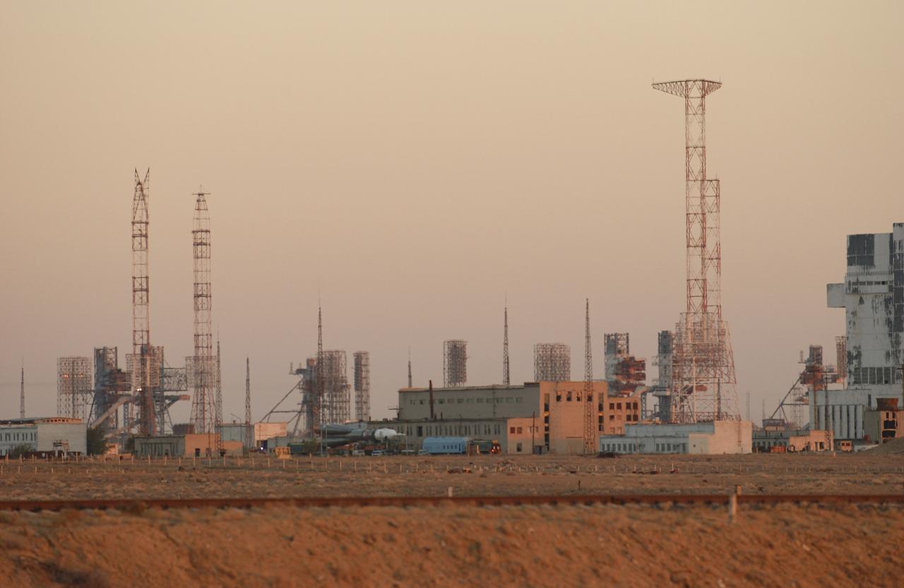 The Soyuz TMA-5 vehicle rolled to its launch pad at the Baikonur Cosmodrome in Kazakhstan, Tuesday, October 12, 2004, in preparation for its launch October 14 to send Expedition 10 Commander and NASA Science Officer Leroy Chiao, Flight Engineer and Soyuz Commander Salizhan Sharipov and Russian Space Forces cosmonaut Yuri Shargin to the International Space Station.  Chiao and Sharipov will replace the Expedition 9 crew of Gennady Padalka and Mike Fincke, while Shargin will conduct eight days of scientific experiments.  He will return to earth with the Expedition 9 crew October 24.  Photo Credit: (NASA/Bill Ingalls)