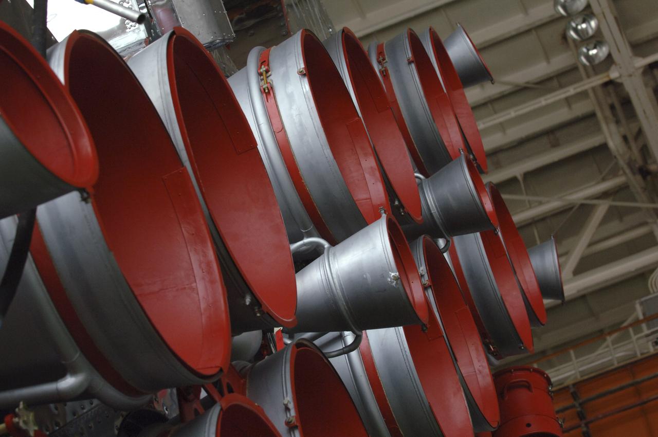 The engines of the Soyuz TMA-6 spacecraft are seen, Tuesday, April 12, 2005, inside the integration facility at the Baikonur Cosmodrome in Kazakhstan as preparations continued for the April 15 launch of Expedition 11 with Commander Sergei Krikalev, Flight Engineer John Phillips and European Space Agency Astronaut Roberto Vittori, of Italy, to the International Space Station. The rocket mating operation occurred on the 44th anniversary of the launch of Yuri Gagarin from the same complex to become the first human in space. Photo Credit: (NASA/Bill Ingalls)