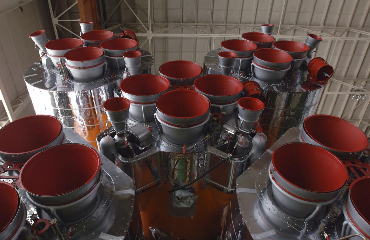 The engines for the Soyuz TMA-6 spacecraft are seen, Tuesday, April 12, 2005, inside the integration facility at the Baikonur Cosmodrome in Kazakhstan as preparations continued for the April 15 launch of Expedition 11 with Commander Sergei Krikalev, Flight Engineer John Phillips and European Space Agency Astronaut Roberto Vittori, of Italy, to the International Space Station. The rocket mating operation occurred on the 44th anniversary of the launch of Yuri Gagarin from the same complex to become the first human in space. Photo Credit: (NASA/Bill Ingalls)