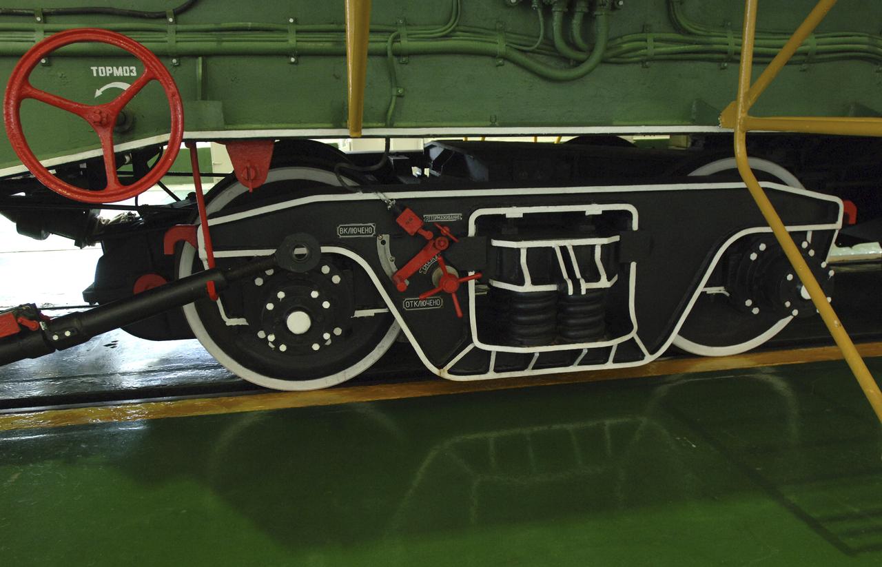 A detail of rail car wheels is seen, Tuesday, April 12, 2005, prior to transportation of the Soyuz TMA-6 spacecraft inside the integration facility at the Baikonur Cosmodrome in Kazakhstan as preparations continued for the April 15 launch of Expedition 11 with Commander Sergei Krikalev, Flight Engineer John Phillips and European Space Agency Astronaut Roberto Vittori, of Italy, to the International Space Station. The rocket mating operation occurred on the 44th anniversary of the launch of Yuri Gagarin from the same complex to become the first human in space. Photo Credit: (NASA/Bill Ingalls)