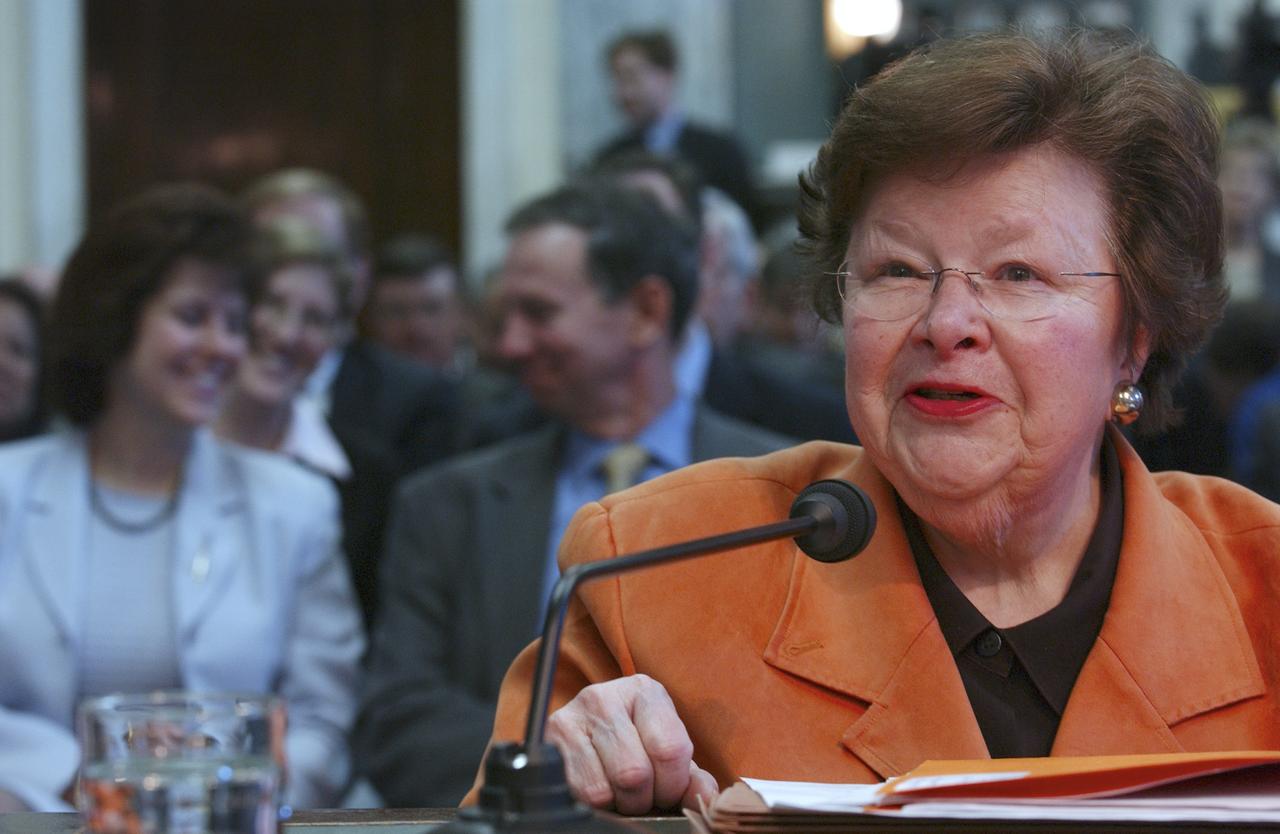 U.S. Senator Barbara Mikulski, D-Md., testifies before the U.S. Senate Commerce Committee during the confirmation hearing of Dr. Michael Griffin, rear center, Tuesday, April 12, 2005, at the Russell Senate Office Building in Washington. Griffin currently heads the space department at Johns Hopkins University's Applied Physics Laboratory. If confirmed by the full U.S. Senate, Dr. Griffin would be NASA's 11th administrator. Photo Credit: (NASA/Renee Bouchard)