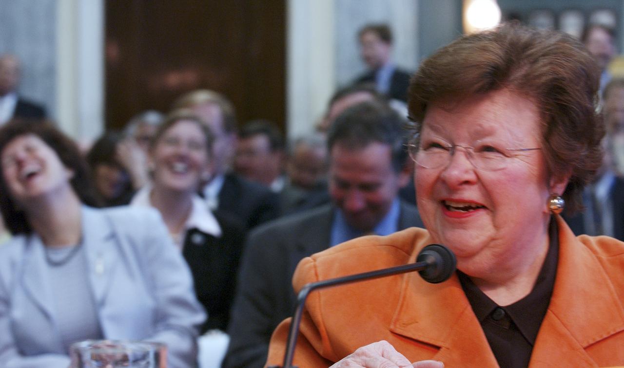 U.S. Senator Barbara Mikulski, D-Md., testifies before the U.S. Senate Commerce Committee during the confirmation hearing of Dr. Michael Griffin, rear center, Tuesday, April 12, 2005, at the Russell Senate Office Building in Washington. Griffin currently heads the space department at Johns Hopkins University's Applied Physics Laboratory. If confirmed by the full U.S. Senate, Dr. Griffin would be NASA's 11th administrator. Photo Credit: (NASA/Renee Bouchard)