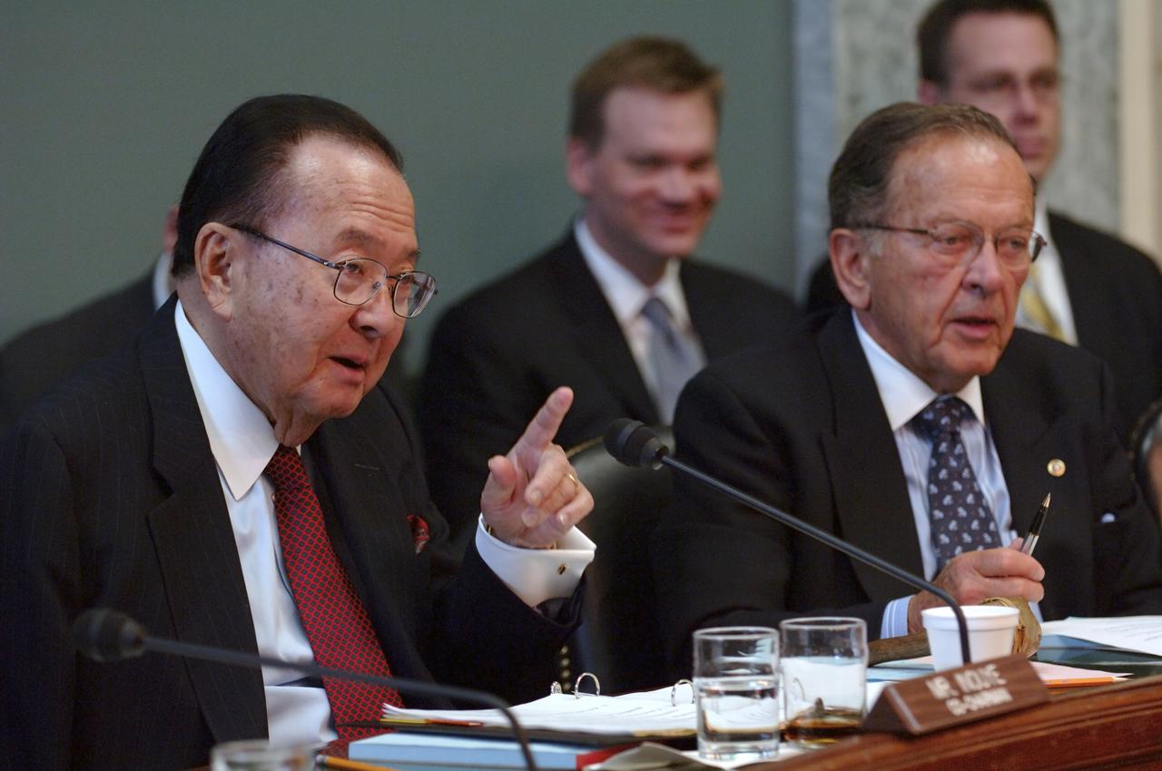 U.S. Senator Daniel K. Inouye, D-Hawaii, left, speaks as U.S. Senator Ted Stevens, R-Alaska, looks on during the confirmation hearing for Dr. Michael Griffin, in front of the U.S. Senate Commerce Committee, Tuesday, April 12, 2005, in Washington. If confirmed, Griffin, who currently heads the space department at the Johns Hopkins University Applied Physics Laboratory will become NASA's 11th administrator. Photo Credit (NASA/Renee Bouchard)