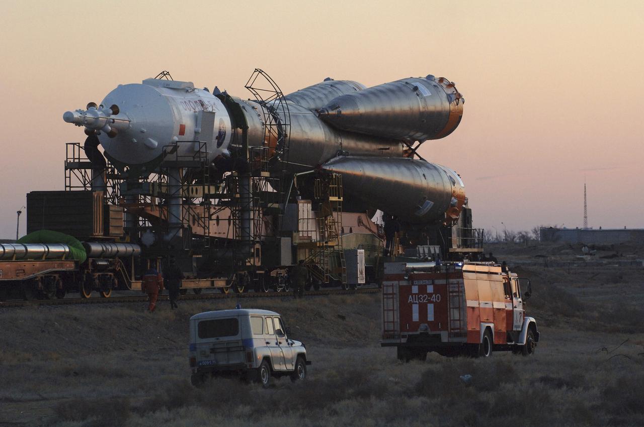 The Soyuz TMA-6 vehicle is transported to the launch pad at the Baikonur Cosmodrome in Kazakhstan, Wednesday, April 13, 2005, in preparation for the April 15 launch to send Expedition 11 Commander Sergei Krikalev, Flight Engineer John Phillips and European Space Agency Astronaut Roberto Vittori, of Italy, to the International Space Station. Krikalev and Phillips will spend six months in space and greet the first Shuttle crew to fly in more than two years when it arrives at the station, while Vittori spends eight days on the station under a commercial contract between ESA and the Russian Federal Space Agency. Photo Credit: (NASA/Bill Ingalls)