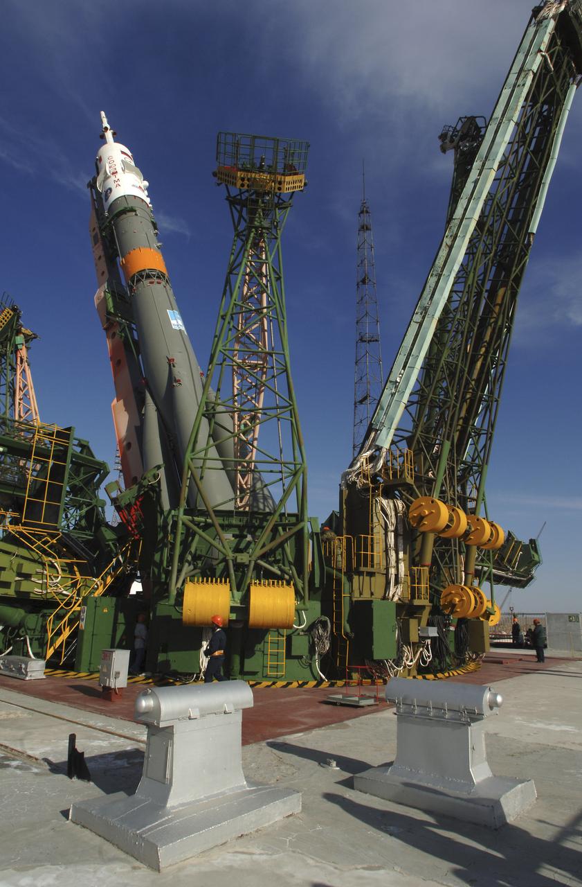 The Soyuz TMA-6 vehicle is placed on the launch pad at the Baikonur Cosmodrome in Kazakhstan, Wednesday, April 13, 2005, as preparations continued for the April 15 launch to send Expedition 11 Commander Sergei Krikalev, Flight Engineer John Phillips and European Space Agency Astronaut Roberto Vittori, of Italy, to the International Space Station. Krikalev and Phillips will spend six months in space and greet the first Shuttle crew to fly in more than two years when it arrives at the station, while Vittori spends eight days on the station under a commercial contract between ESA and the Russian Federal Space Agency. Photo Credit: (NASA/Bill Ingalls)