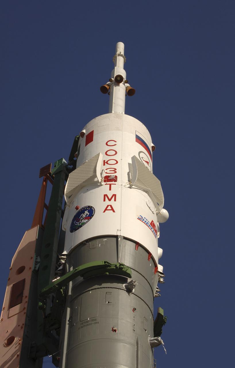 The Soyuz TMA-6 spacecraft is seen on the launch pad at the Baikonur Cosmodrome in Kazakhstan, Wednesday, April 13, 2005, as preparations continued for the April 15 launch to send Expedition 11 Commander Sergei Krikalev, Flight Engineer John Phillips and European Space Agency Astronaut Roberto Vittori, of Italy, to the International Space Station. Krikalev and Phillips will spend six months in space and greet the first Shuttle crew to fly in more than two years when it arrives at the station, while Vittori spends eight days on the station under a commercial contract between ESA and the Russian Federal Space Agency. Photo Credit: (NASA/Bill Ingalls)