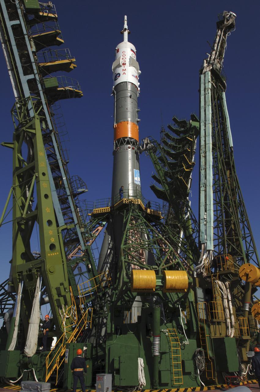 The Soyuz TMA-6 vehicle is seen on the launch pad at the Baikonur Cosmodrome in Kazakhstan, Wednesday, April 13, 2005, as preparations continued for the April 15 launch to send Expedition 11 Commander Sergei Krikalev, Flight Engineer John Phillips and European Space Agency Astronaut Roberto Vittori, of Italy, to the International Space Station. Krikalev and Phillips will spend six months in space and greet the first Shuttle crew to fly in more than two years when it arrives at the station, while Vittori spends eight days on the station under a commercial contract between ESA and the Russian Federal Space Agency. Photo Credit: (NASA/Bill Ingalls)
