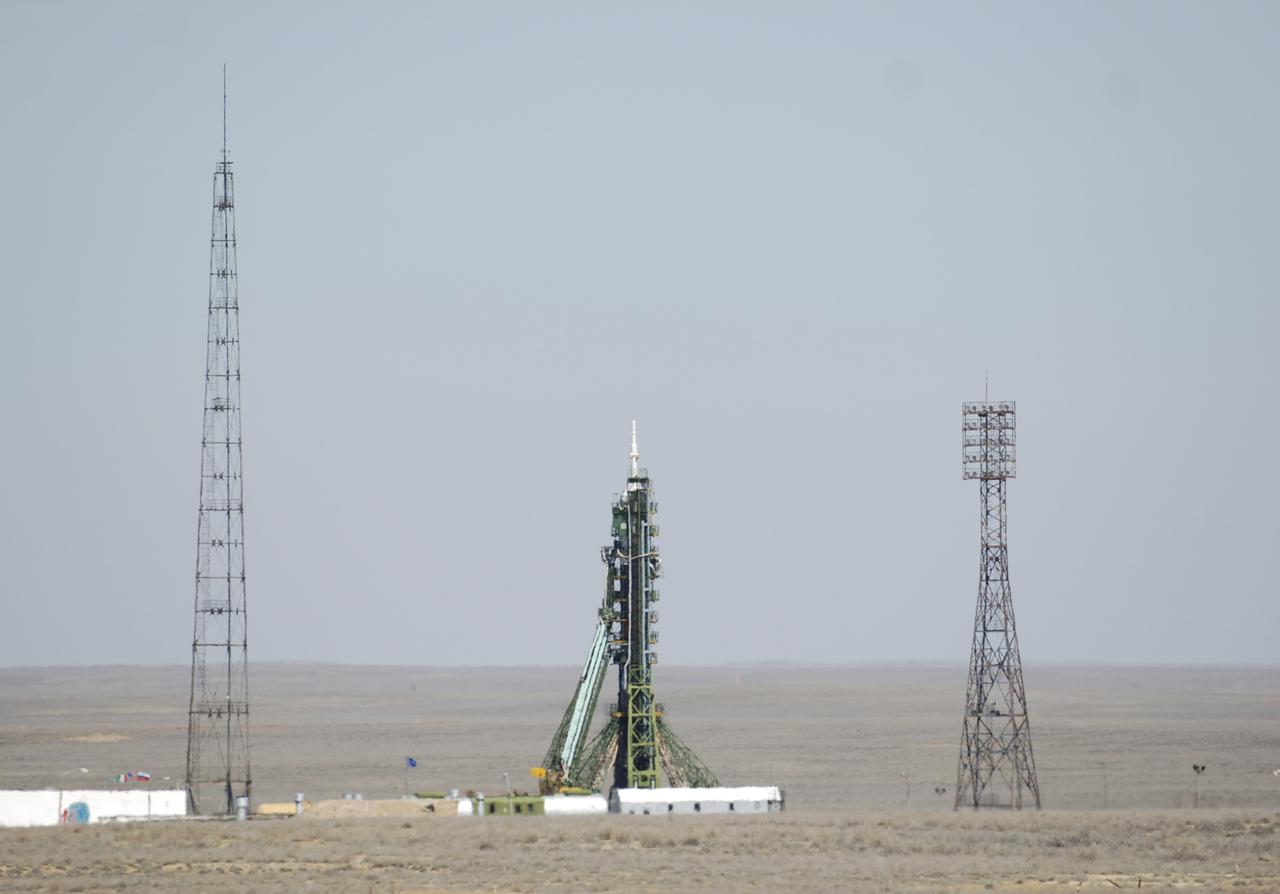 The Soyuz TMA-6 sits on the pad ready for launch, Thursday, April 14, 2005, at the Baikonur Cosmodrome in Kazakhstan. Expedition 11 crew Commander Sergei Krikalev along with Flight Engineer and NASA Science Officer John Phillips and European Space Agency Astronaut Roberto Vittori, of Italy, will launch April 15, 2005. Krikalev and Phillips will spend six months on the station, replacing Expedition 10 Commander Leroy Chiao and Flight Engineer Salizhan Sharipov, while Vittori will spend eight days on the Station under a commerical contract between ESA and the Russian Federal Space Agency, returning to Earth with Chiao and Sharipov on April 25. Photo Credit: (NASA/Bill Ingalls)