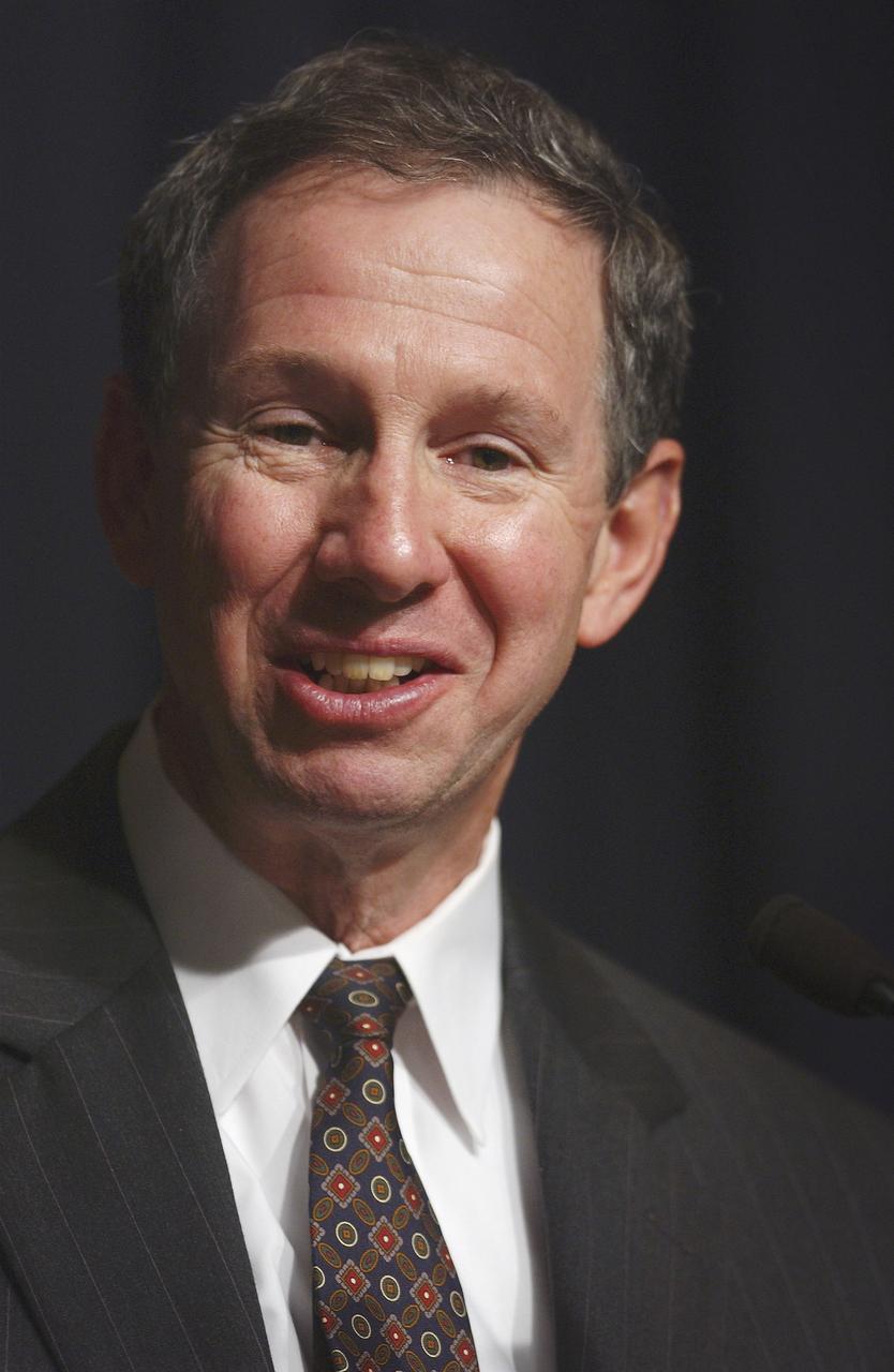 Michael Griffin addresses the media during his first press conference as NASA Administrator, Monday, April 18, 2005, at NASA Headquarters in Washington, DC. Photo Credit: (NASA/Renee Bouchard)