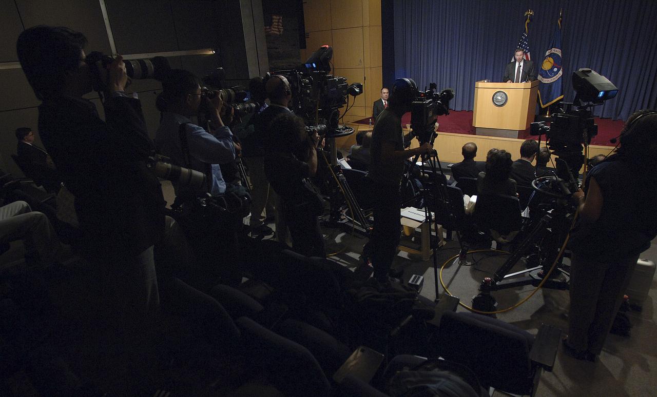 Michael Griffin addresses the media during his first press conference as NASA Administrator, Monday, April 18, 2005, at NASA Headquarters in Washington, DC. Photo Credit: (NASA/Renee Bouchard)