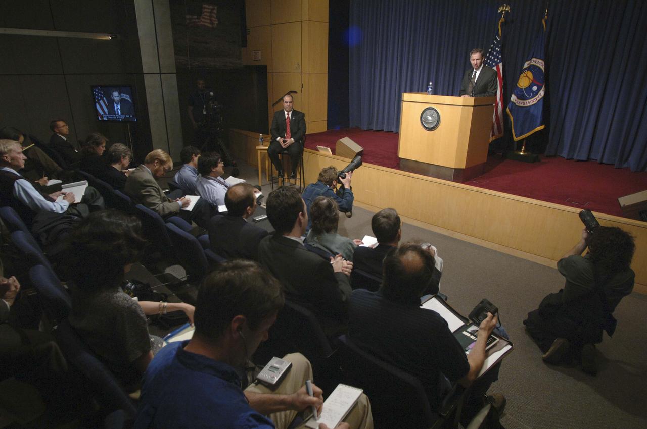 Michael Griffin addresses the media during his first press conference as NASA Administrator, Monday, April 18, 2005, at NASA Headquarters in Washington, DC. Photo Credit: (NASA/Renee Bouchard)