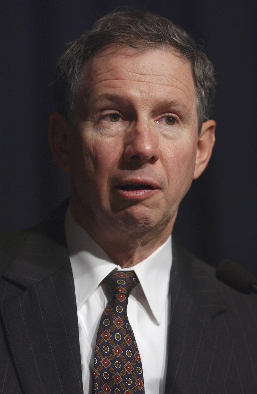 Michael Griffin addresses the media during his first press conference as NASA Administrator, Monday, April 18, 2005, at NASA Headquarters in Washington, DC. Photo Credit: (NASA/Renee Bouchard)
