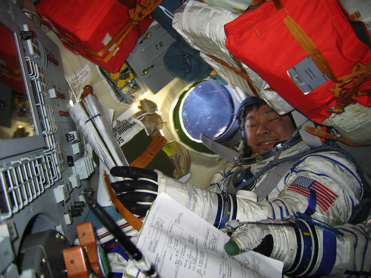 Expedition 10 Commander and NASA Science Officer Leroy Chiao is seen inside the Soyuz capsule during the return of Expedition 10 and European Space Agency astronaut Roberto Vittori of Italy, Monday, April 25, 2005.   Photo Credit: (NASA/ESA/Roberto Vittori)