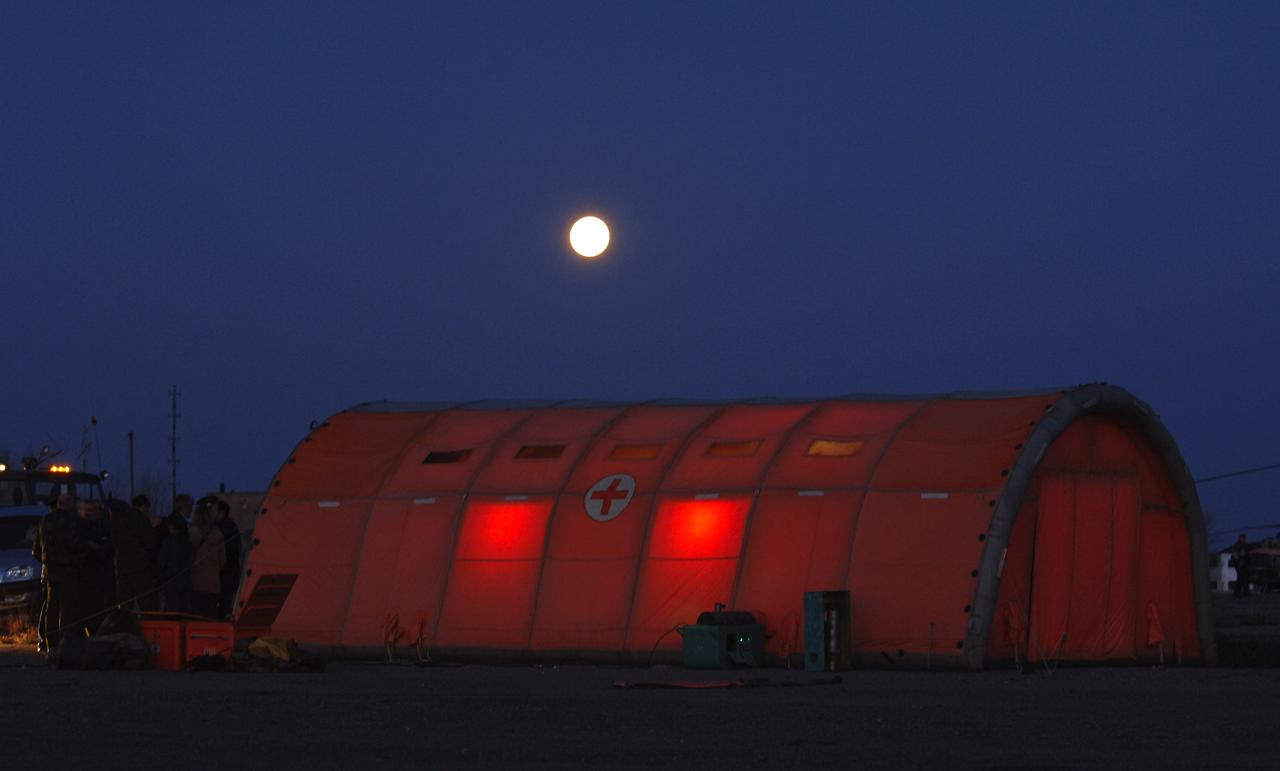 An external view of the Expedition 10 crew inflatable medical tent, Monday, April 25, 2005, Arkalyk, Kazakhstan. Expedition 10 Commander Leroy Chiao, Flight Engineer Salizhan Sharipov and European Space Agency astronaut Roberto Vittori brought their Soyuz TMA-5 capsule to a pre-dawn landing April 25 northeast of the town of Arkalyk in Kazakhstan to wrap up a six-month mission aboard the International Space Station for Chiao and Sharipov, and a ten-day mission for Vittori, who flew under a commercial contract between ESA and the Russian Federal Space Agency. Photo Credit: (NASA/Bill Ingalls)