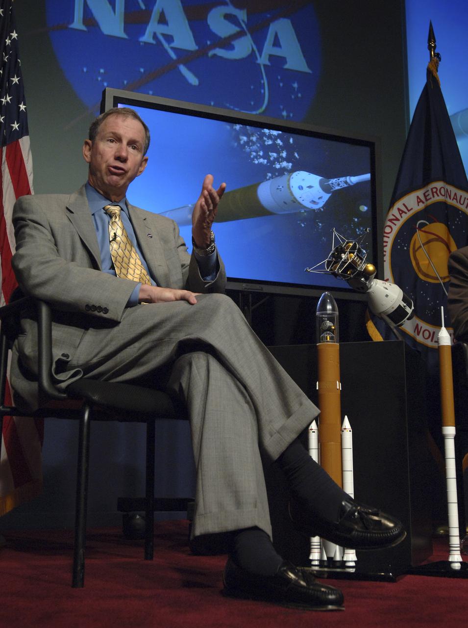 NASA Administrator Michael Griffin discusses the results of the agency's exploration architecture study on Monday, Sept. 19, 2005, at NASA Headquarters in Washington. The study made specific design recommendations for a vehicle to carry crews into space, a family of launch vehicles to take missions to the moon and beyond, and a "lunar mission architecture" for landing on the moon. Photo Credit: (NASA/Bill Ingalls)