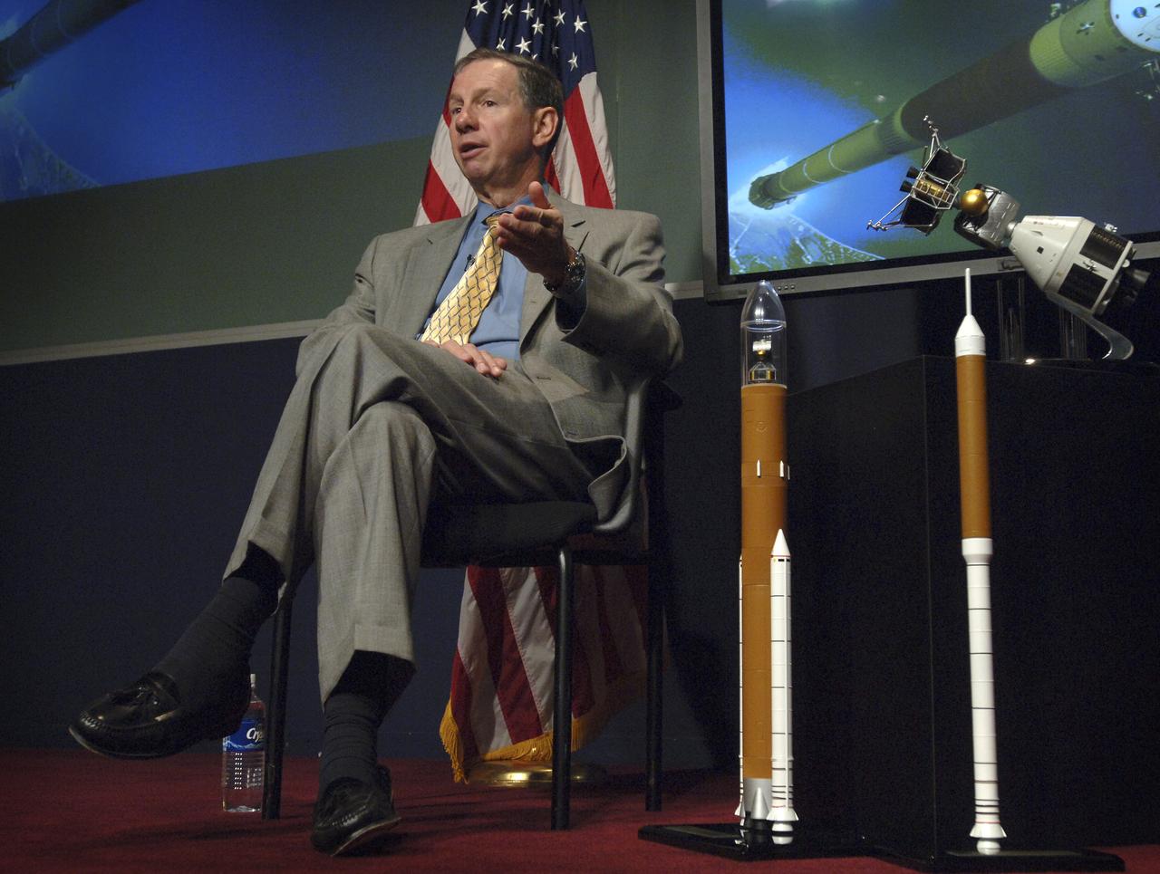 NASA Administrator Michael Griffin discusses the results of the agency's exploration architecture study on Monday, Sept. 19, 2005, at NASA Headquarters in Washington. The study made specific design recommendations for a vehicle to carry crews into space, a family of launch vehicles to take missions to the moon and beyond, and a "lunar mission architecture" for landing on the moon. Photo Credit: (NASA/Bill Ingalls)