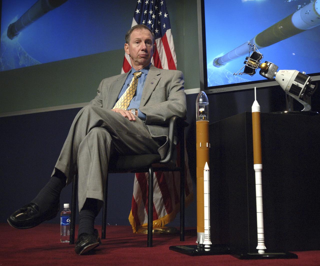 NASA Administrator Michael Griffin discusses the results of the agency's exploration architecture study on Monday, Sept. 19, 2005, at NASA Headquarters in Washington. The study made specific design recommendations for a vehicle to carry crews into space, a family of launch vehicles to take missions to the moon and beyond, and a "lunar mission architecture" for landing on the moon. Photo Credit: (NASA/Bill Ingalls)