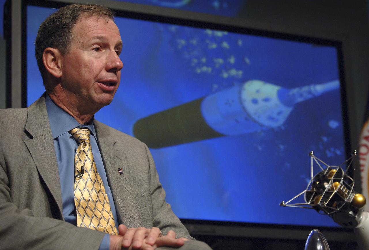 NASA Administrator Michael Griffin discusses the results of the agency's exploration architecture study on Monday, Sept. 19, 2005, at NASA Headquarters in Washington. The study made specific design recommendations for a vehicle to carry crews into space, a family of launch vehicles to take missions to the moon and beyond, and a "lunar mission architecture" for landing on the moon. Photo Credit: (NASA/Bill Ingalls)