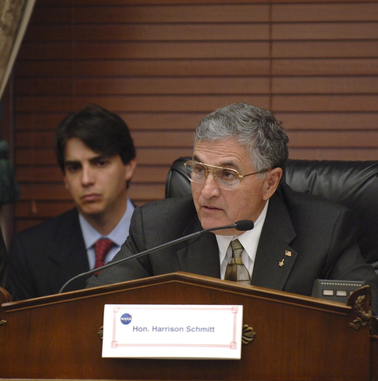 Former Senator and Apollo astronaut Harrison H. "Jack" Schmitt presides over the NASA Advisory Council meeting at the Rayburn House Office Building, Tuesday, Nov. 29, 2005, in Washington. Photo Credit: (NASA/Bill Ingalls)