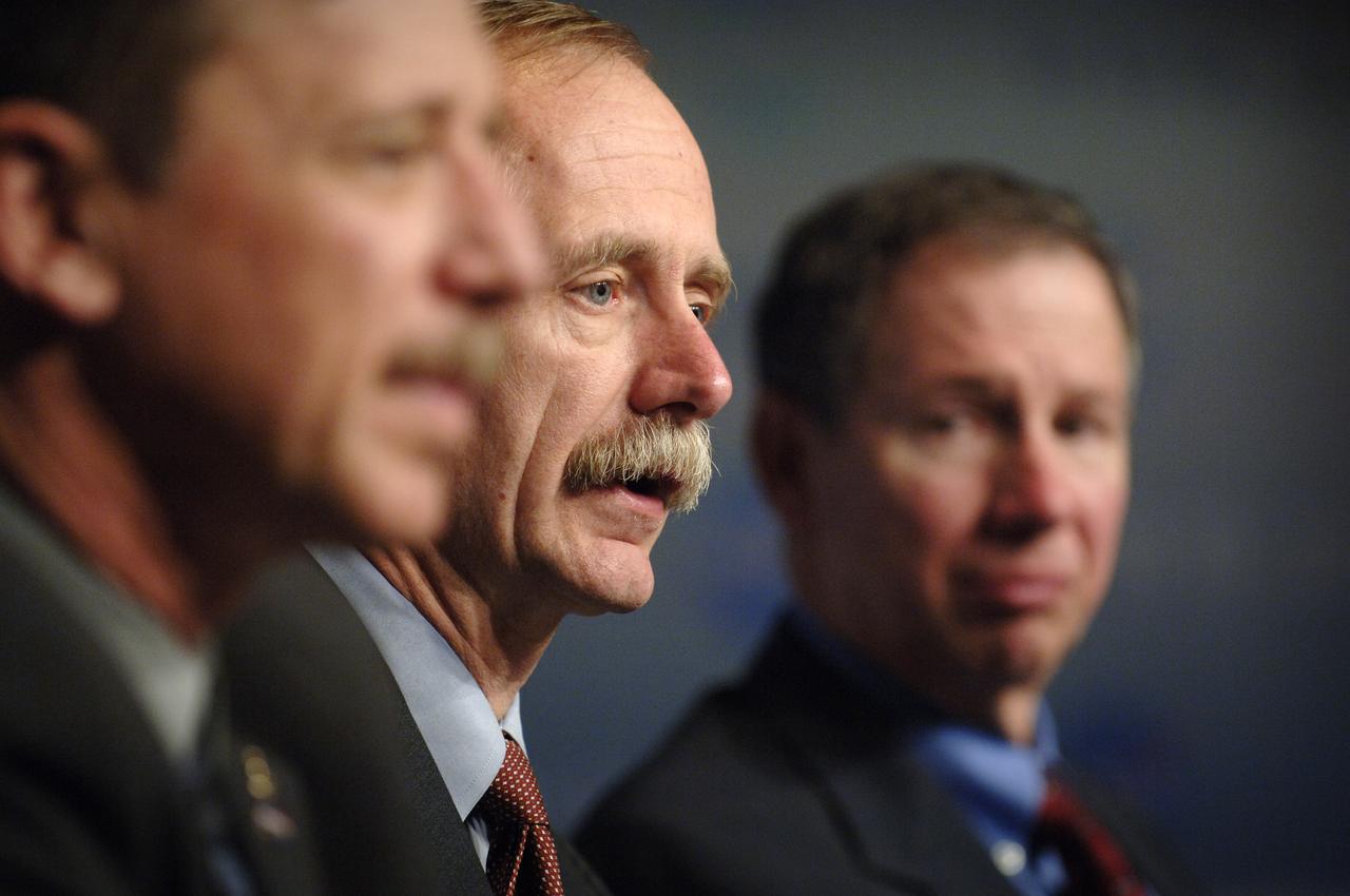 NASA Associate Administrator for Space Operations William Gerstenmaier responds to questions during the fiscal year 2007 news conference, Monday, Feb. 6, 2006, at NASA Headquarters in Washington. NASA Administrator Michael Griffin, background right, was joined by the heads of NASA's four mission directorates to explain how the proposed $16.8 billion dollar budget supports the Vision for Space Exploration. The budget represents a 3.2% increase above the fiscal year 2006 appropriated budget. Photo Credit: (NASA/Bill Ingalls)