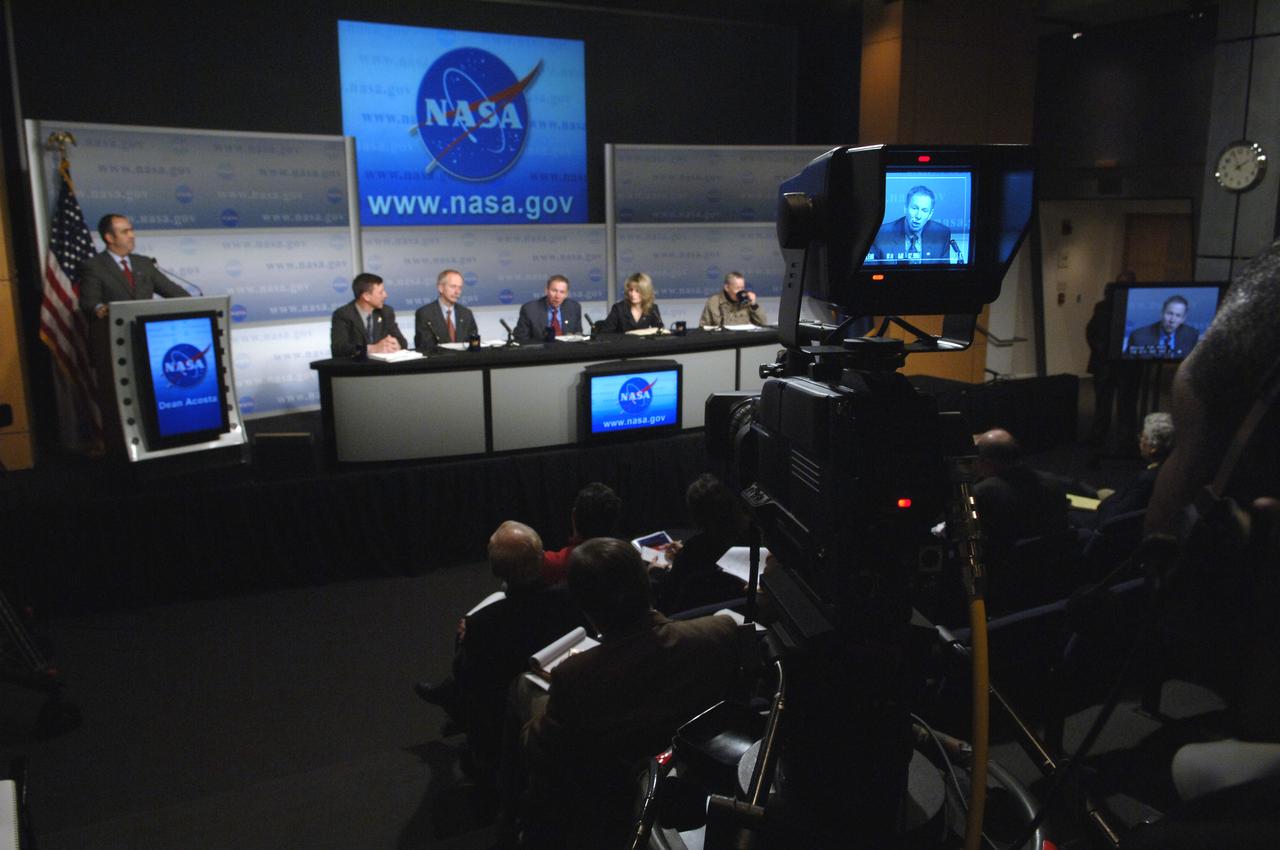 NASA Administrator Michael Griffin, seated center, outlines the President's budget for fiscal year 2007 during a news conference, Monday, Feb. 6, 2006, at NASA Headquarters in Washington.  The administrator was joined by the heads of NASA's four mission directorates to explain how the proposed $16.8 billion dollar budget supports the Vision for Space Exploration. The budget represents a 3.2% increase above the Fiscal Year 2006 appropriated budget. Photo Credit: (NASA/Bill Ingalls)
