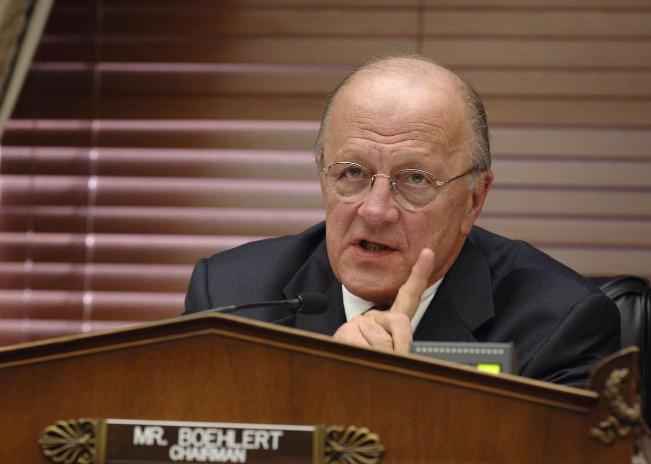 U.S. Rep. Sherwood Boehlert, R-N.Y., makes a point during a House Science & Technology Committee hearing regarding NASA's FY 2007 budget request, Thursday, Feb., 16, 2006, in Washington. Photo Credit: (NASA/Bill Ingalls)